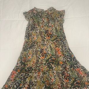 JODIFL Green and Orange Ruffled Tiered Midi Dress